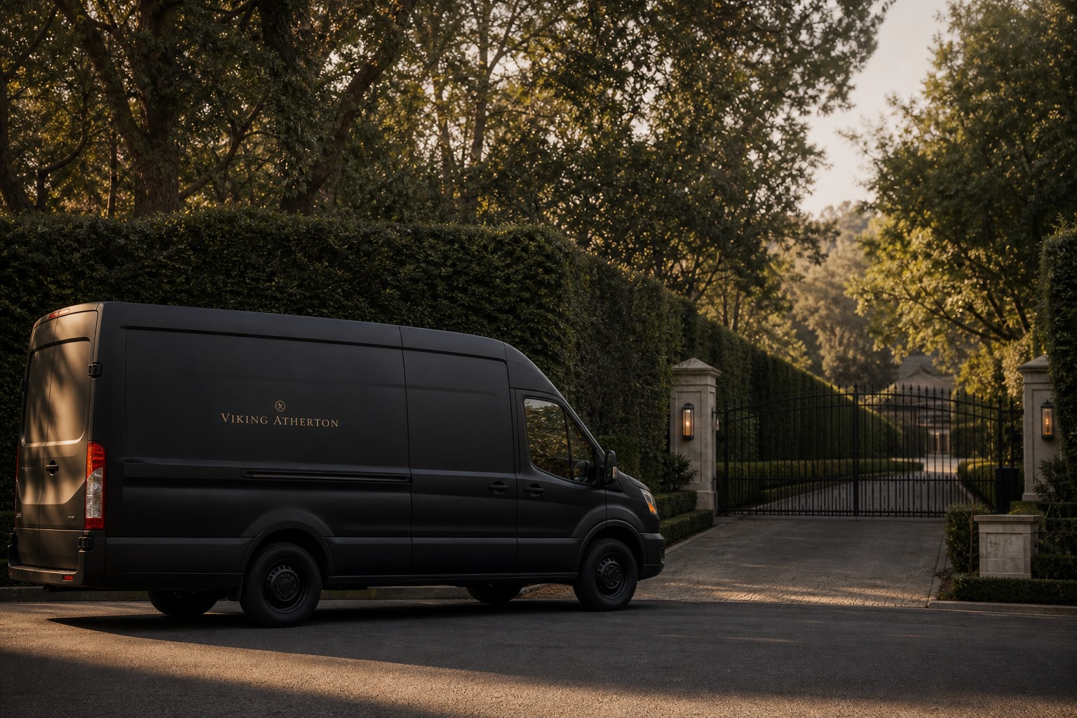 Service van parked at the gated entrance of a long Atherton estate driveway at dawn