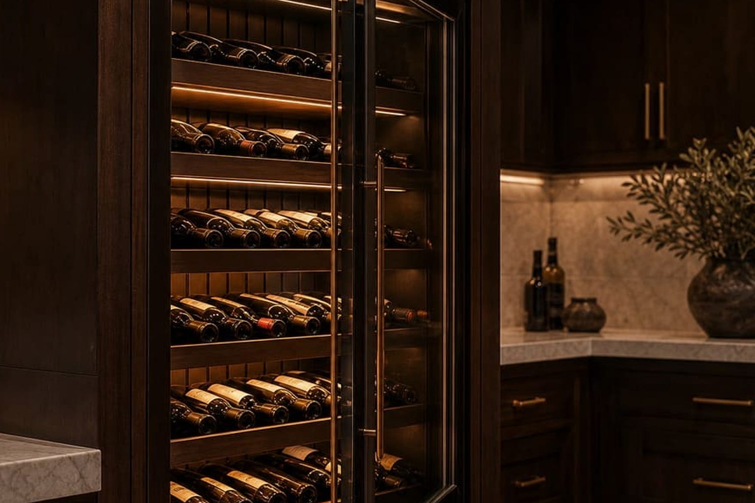 Water pooling on hardwood beneath a Viking built-in refrigerator in an Atherton kitchen