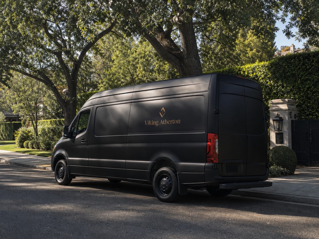 Branded service van on a tree-lined Atherton residential street