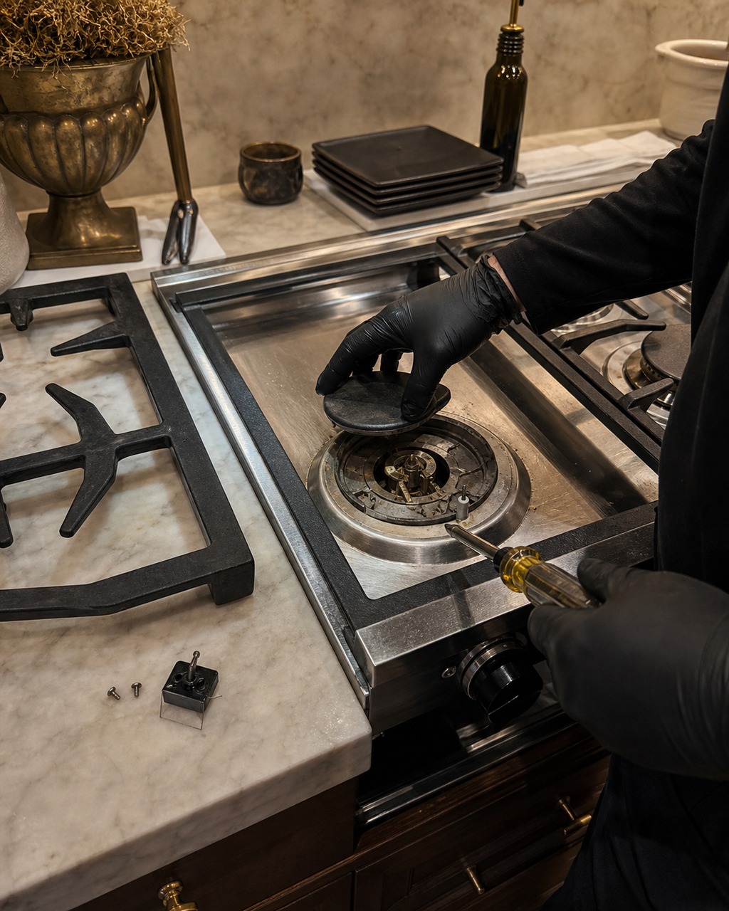 Technician lifting a sealed burner cap from a Viking cooktop to service the spark module