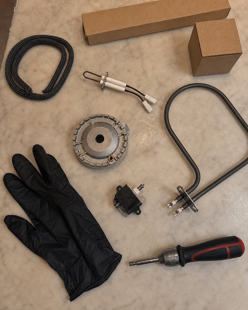 Flat-lay of genuine OEM Viking parts laid out on an estate marble counter